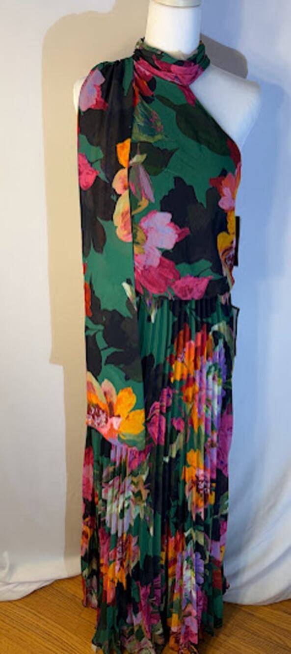 XSCAPE Womens Pleated Floral Chiffon Green Multi 4